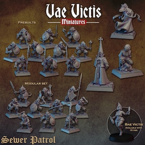 Op de afbeelding: Een verzameling grijze hars tabletop miniaturen met het label Vae Victis Miniatures Sewer Patrol, met diverse ratachtige krijgers met schilden en speren, een figuur in gewaad met een hoge hoed en een vrouwelijke figuur met een fles en glas.