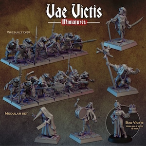 Op de afbeelding: Een verzameling grijze fantasie-miniaturen met het label Vae Victis Miniatures, bestaande uit twee groepen van acht ratachtige krijgers op stenen voetstukken, een figuur met kap en zwaard, een wezen met een staf, een figuur met kap en mes, een drummer en een figuur die een taart vasthoudt.