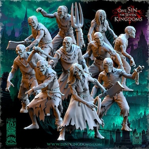 Op de afbeelding: Een verzameling grijze miniatuur zombiefiguren, elk met gescheurde kleding en skeletachtige kenmerken. Sommige figuren houden wapens vast zoals een riek en vleesmessen. De tekst One Sin for Seven Kingdoms is zichtbaar in de rechterbovenhoek.