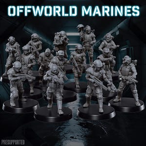 Peut inclure: Une collection de figurines miniatures de soldats gris intitulée OFFWORLD MARINES, chacune sur une base noire circulaire. Les personnages sont équipés d'équipements tactiques, de casques et de divers fusils, présentés en groupe avec le texte PRESUPPORTED.