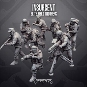 Può includere: Un set di sette miniature di soldati grigi etichettate Insurgent Elite Field Troopers. Le figure sono raffigurate in varie pose di combattimento, alcune con fucili e una che aziona una mitragliatrice pesante montata su un treppiede.