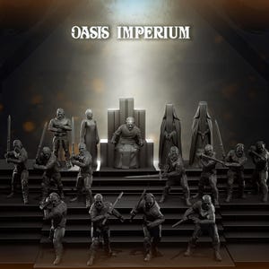 Könnte beinhalten: Eine Sammlung von Miniaturfiguren, darunter Krieger mit Schwertern, eine sitzende Figur auf einem Thron und verhüllte Figuren. Der Text "OASIS IMPERIUM" wird über den Figuren angezeigt. Die Figuren sind auf einer gestuften Plattform angeordnet.