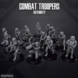 May include: A collection of twelve grey miniature soldier figurines in uniform armour, each holding a weapon and standing on a circular black base. The text COMBAT TROOPERS AUTHORITY is displayed at the top, with the word PRESUPPORTED at the bottom.