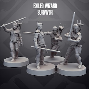 Könnte beinhalten: Vier graue Miniaturfiguren mit der Aufschrift EXILED WIZARD SURVIVOR. Jede Figur zeigt eine Person in Jacke und Hose, die eine stabartige Waffe hält, mit einem kleinen mechanischen Gerät auf dem Rücken. Sie stehen auf runden Sockeln.