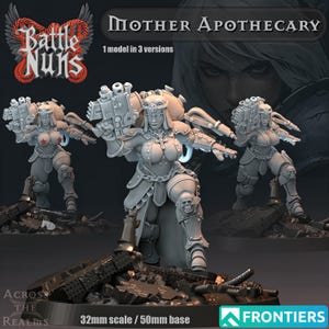 Könnte beinhalten: Drei graue Miniaturfiguren von Kriegerinnen, jede mit detaillierter Rüstung und Waffen. Die Figuren sind mit "Mother Apothecary" beschriftet und gehören zur "Battle Nuns"-Serie. Die Basisgröße beträgt 50 mm, und die Figuren sind im Maßstab 32 mm.