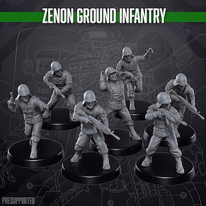 Op de afbeelding: Een verzameling grijze miniatuurfiguren van soldaten in gevechtshoudingen. Elke figuur draagt een helm en militair uniform en is gemonteerd op een zwarte cirkelvormige basis. De tekst "ZENON GROUND INFANTRY" staat bovenaan.