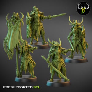 May include: Four light green fantasy miniature figurines standing on circular black bases. The figures wear ornate armor and helmets with horns, holding swords, shields, and a large tattered banner. The text PRESUPPORTED STL is at the bottom.
