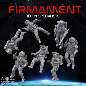 May include: A collection of gray multipart kit astronaut figures in various poses against a space background. The text "FIRMANENT RECON SPECIALISTS" is displayed in red. The figures are 35mm and pre-supported.