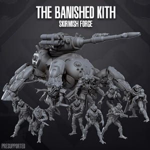 Könnte beinhalten: Ein graues Miniatur-Set mit dem Titel THE BANISHED KITH SKIRMISH FORCE, bestehend aus einem großen, mehrbeinigen mechanischen Panzer mit langer Kanone und sieben humanoiden Figuren in taktischer Ausrüstung, die verschiedene Waffen halten.