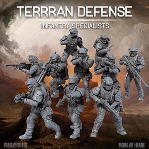 Pode incluir: Um conjunto de figuras de soldados em miniatura cinzentas com a etiqueta Terrran Defense Infantry Specialists. As figuras estão em várias poses de combate, usando equipamento tático, capacetes e carregando espingardas e armas pesadas.