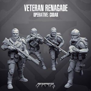 Peut inclure: Quatre figurines miniatures de soldats gris en équipement tactique, dont deux casqués et deux non masqués avec barbe. Ils portent des fusils et de l'équipement. Le texte indique VETERAN RENAGADE OPERATIVE: CODAK et PRESUPPORTED.