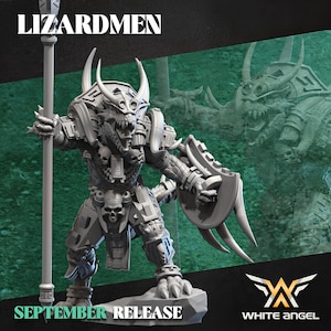 May include: A gray miniature lizardman warrior figure holding a long spear and a spiked shield. The figure wears ornate armor with skull motifs and a horned helmet. Text on the image reads LIZARDMEN, SEPTEMBER RELEASE, and WHITE ANGEL.