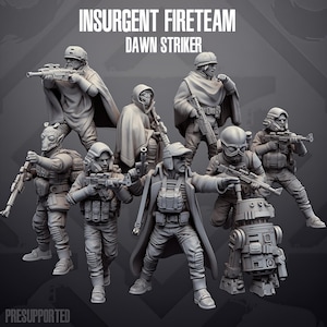 May include: A set of eight grey miniature soldier figurines titled INSURGENT FIRETEAM DAWN STRIKER. The figures wear tactical gear, ponchos, and helmets, and carry various rifles and pistols. One figure is a small cylindrical droid with mechanical details.