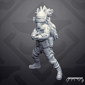 Op de afbeelding: Een lichtgrijze miniatuurfiguur van een futuristische soldaat met een helm met vizier, een tactisch vest met zakken en een grote rugzak. Het figuur houdt een klein vuurwapen in een schiethouding en bevat de tekst PRESUPPORTED onderaan.
