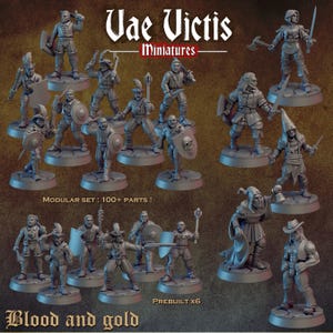 Puede incluir: Una colección de figuras en miniatura de fantasía gris de Vae Victis Miniatures titulada Blood and Gold. El conjunto incluye varios personajes equipados con espadas, escudos, hachas y mazas, sobre bases circulares. El texto dice Modular set 100+ parts y Prebuilt X6.