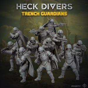 Könnte beinhalten: Ein Set grauer Miniatur-Soldatenfiguren mit der Aufschrift HECK DIVERS TRENCH GUARDIANS. Jede Figur trägt einen Helm, eine Brustpanzerung und einen Umhang und hält ein futuristisches Gewehr. Die Figuren nehmen verschiedene Kampfposen ein.