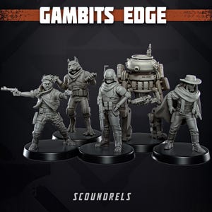 Può includere: Un set di cinque miniature grigie etichettate GAMBITS EDGE SCOUNDRELS. Il gruppo include un umano con pistola, una creatura simile a un lupo, un soldato con equipaggiamento tattico, un grande droide meccanico e una figura con un cappello a tesa.