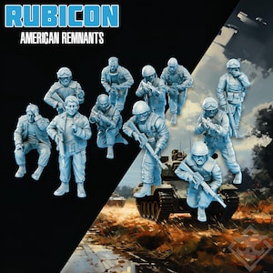 Op de afbeelding: Miniatuurfiguren van soldaten in gevechtsuitrusting, in verschillende actieposities. De figuren hebben een lichtblauwe tint. De tekst "RUBICON AMERICAN REMNANTS" wordt bovenaan de afbeelding in blauw weergegeven.