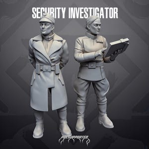 Könnte beinhalten: Zwei graue Miniaturfiguren mit der Aufschrift SECURITY INVESTIGATOR. Die linke Figur trägt einen langen Mantel, Gürtel und Schirmmütze. Die rechte Figur trägt eine Uniform mit Gürtel, hohen Stiefeln und hält ein rechteckiges Tablet-Gerät.