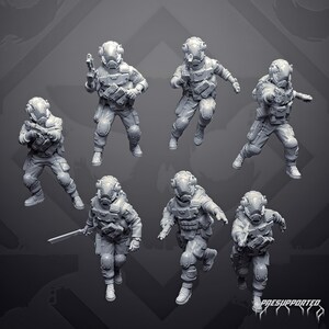 May include: A set of seven unpainted gray resin miniature figures depicting soldiers in tactical gear, helmets, and visors. Each figure is posed in a dynamic action stance, holding various weapons including pistols and rifles. The text PRESUPPORTED is visible.