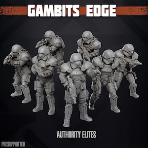 May include: A group of gray Authority Elites figures, each armed with a rifle, are displayed. The figures are wearing futuristic armor and helmets. The text "GAMBITS EDGE" and "AUTHORITY ELITES" are visible.