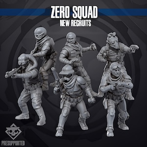 May include: A set of five grey miniature figures titled ZERO SQUAD NEW RECRUITS. The figures are depicted in tactical gear, including helmets, goggles, scarves, and utility belts, with various poses holding blasters and weapons in a combat stance.