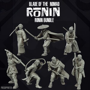 May include: A set of seven grey resin miniature figurines titled BLADE OF THE NOMAD RONIN RONIN BUNDLE. The figures depict warriors in traditional attire, some holding swords, a staff, or a whip, all posed in dynamic combat stances on a dark background.