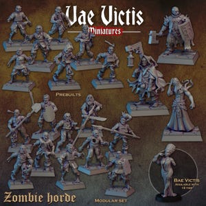 Puede incluir: Una colección de figuras en miniatura de plástico gris etiquetadas como Vae Victis Miniatures y Zombie horde. El conjunto incluye varios personajes zombis humanoides en diferentes poses, algunos con armas como lanzas y hachas, sobre bases cuadradas.
