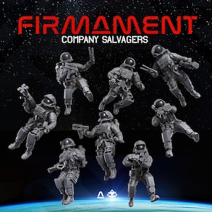 May include: A set of seven grey miniature figures in space suits, each equipped with various tools and weapons. The text FIRMAMENT COMPANY SALVAGERS is displayed at the top in red and white. The figures are arranged against a dark starry background.