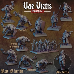 Puede incluir: Una colección de miniaturas de resina gris para juegos de mesa etiquetada como Vae Victis Miniatures, que incluye varias criaturas parecidas a ratas, humanoides blindados y un grupo de soldados con lanzas sobre bases cuadradas, con etiquetas de texto como Prebuilts, Bonus y Rat Giants.