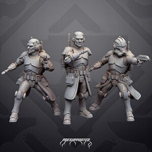May include: Three gray resin miniature figures in tactical armor, each equipped with blasters and utility belts. Two figures wear headsets, while one wears a full helmet. The figures are standing in dynamic poses, and the text "PRESUPPORTED" is visible.