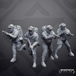 May include: A set of four grey miniature soldier figurines in tactical gear, each wearing a helmet with goggles and carrying a large backpack. The figures are posed in dynamic action stances, holding rifles or pistols, with the text "PRESUPPORTED" visible.