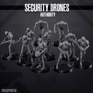 Peut inclure: Plusieurs figurines de drones de sécurité gris, chacune posée sur une base circulaire noire. Le texte "SECURITY DRONES AUTHORITY" est affiché en haut. Le mot "PRESUPPORTED" est en bas.
