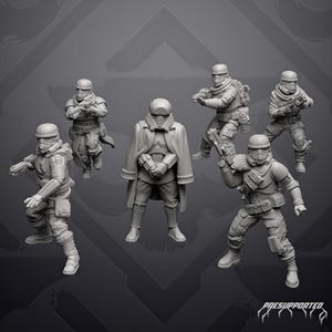 Op de afbeelding: Een set van zes grijze miniatuurfiguren met vijf soldaten in tactische uitrusting met helmen en blasters, en één centrale figuur met een lange jas en helm. De tekst "PRESUPPORTED" is zichtbaar in de rechterbenedenhoek van de afbeelding.