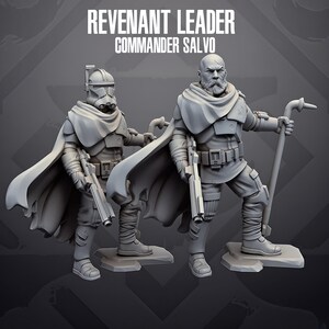May include: Two grey resin miniature figures labelled REVENANT LEADER COMMANDER SALVO. One figure wears a full helmet and cape, holding a blaster. The other is a bearded, scarred character in armour and a cape, holding a blaster and a staff-like tool.
