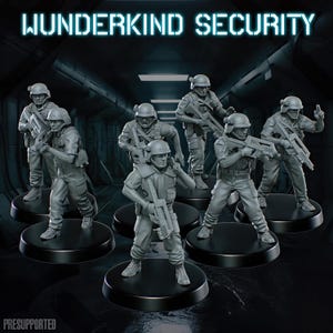 May include: Seven grey miniature soldier figures, each holding a weapon, on black circular bases. The text "WUNDERKIND SECURITY" is above the figures. The word "PRESUPPORTED" is at the bottom.