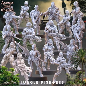 Peut inclure: Ensemble de figurines miniatures grises représentant des femmes soldats en tenue de combat, armées d'armes. Les figurines sont présentées dans diverses poses d'action, avec le texte "JUNGLE FIGHTERS" en bas et "ACROSS THE REALMS" en haut.