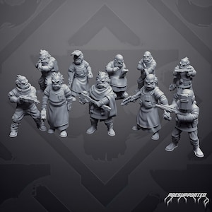 Op de afbeelding: Een verzameling van tien grijze, onbeschilderde miniatuurfiguren die humanoïde wezens in tactische uitrusting voorstellen. Elk figuur heeft een eigen houding, waarbij sommigen geweren, pistolen of slagwapens vasthouden, terwijl anderen helmen, capes of tactische vesten dragen. De tekst PRESUPPORTED is rechtsonder zichtbaar.