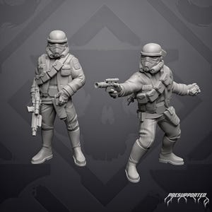 Könnte beinhalten: Zwei graue Miniatur-Soldatenfiguren in taktischer Ausrüstung und Helmen. Eine Figur steht mit einem Blaster-Gewehr, während die andere in dynamischer Pose mit einer Blaster-Pistole zielt. Beide tragen Westen mit Taschen und Stiefel. Text: PRESUPPORTED.
