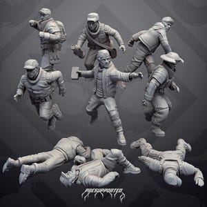 Könnte beinhalten: Eine Sammlung grauer Miniaturfiguren in verschiedenen Aktionsposen, darunter rennend, stehend und liegend. Jede Figur trägt eine Kappe, Jacke und Hose. Eine Figur hält ein rechteckiges Objekt, eine andere ein zylindrisches Gerät. Der Text lautet PRESUPPORTED.
