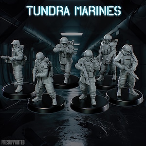 Könnte beinhalten: Eine Gruppe grauer Miniaturfiguren von Soldaten, jede auf einem schwarzen kreisförmigen Sockel. Die Figuren sind in taktischer Ausrüstung gekleidet und halten Waffen. Der Text "TUNDRA MARINES" wird in leuchtender blauer Schrift über den Figuren angezeigt. Das Wort "PRESUPPORTED" steht unten.