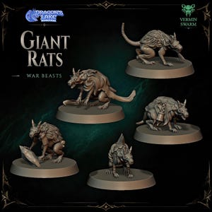 Peut inclure: Cinq figurines de rats miniatures marron non peintes de Dragon's Lake Miniaturas, étiquetées Giant Rats War Beasts. Chaque rat présente des poses distinctes, certains avec des cornes, un portant une cloche et un tenant un éclat de cristal, sur des socles ronds.