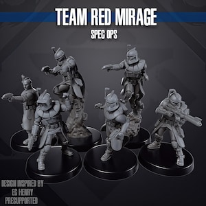 Może przedstawiać: Kolekcja szarych miniaturowych figurek żołnierzy Spec Ops, każda dynamicznie pozująca na czarnych okrągłych podstawach. Figurki są szczegółowe zbroją i bronią. Tekst "TEAM RED MIRAGE SPEC OPS" jest wyświetlany u góry. Projekt inspirowany przez EC Henry, wstępnie wspierany.