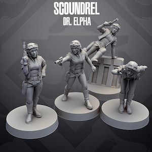 Könnte beinhalten: Vier graue Miniaturfiguren mit der Aufschrift SCOUNDREL DR. ELPHA. Jede Figur trägt eine Schutzbrille, eine Weste und Stiefel und zeigt verschiedene Posen, darunter stehend, mit einem Blaster zielend, kauernd und auf einem Block.