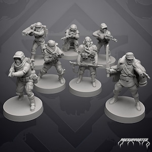May include: A set of seven grey miniature soldier figurines standing on circular bases. Each figure wears tactical gear, helmets, and masks, holding various weapons including rifles and a sword. One figure wears a long coat and a peaked cap.