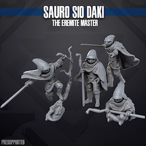 May include: A set of four grey resin miniature figures titled SAURO SIO DAKI THE EREMITE MASTER. The figures depict reptilian-like characters in hooded cloaks, some holding staffs or swords, with one figure leaping near a tree branch and one sitting.