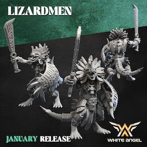 May include: Three grey unpainted lizard-like humanoid miniatures in dynamic poses, each holding a sword and shield, wearing ornate feathered headdresses and armour. The image includes the text LIZARDMEN, JANUARY RELEASE, and the White Angel logo.