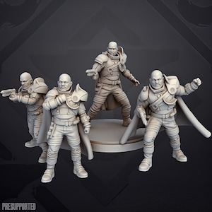 May include: A set of four unpainted light gray miniature figures of bald soldiers in tactical armor, each wearing a cape and carrying a sidearm. The figures are posed in various stances, and the text "PRESUPPORTED" is visible at the bottom left.