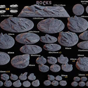 May include: A collection of grey miniature gaming terrain pieces including rock formations, textured bases, relic stones, and basing bits. The set features various shapes and sizes labeled with dimensions in millimeters, such as 170x110mm and 25mm.