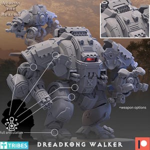 Peut inclure: Une figurine miniature Dreadkong Walker grise au design bipède mécanique avec un torse central, des membres articulés et un capteur oculaire rouge brillant. La figurine comprend des options d'armes, un lance-missiles et une main en pince.